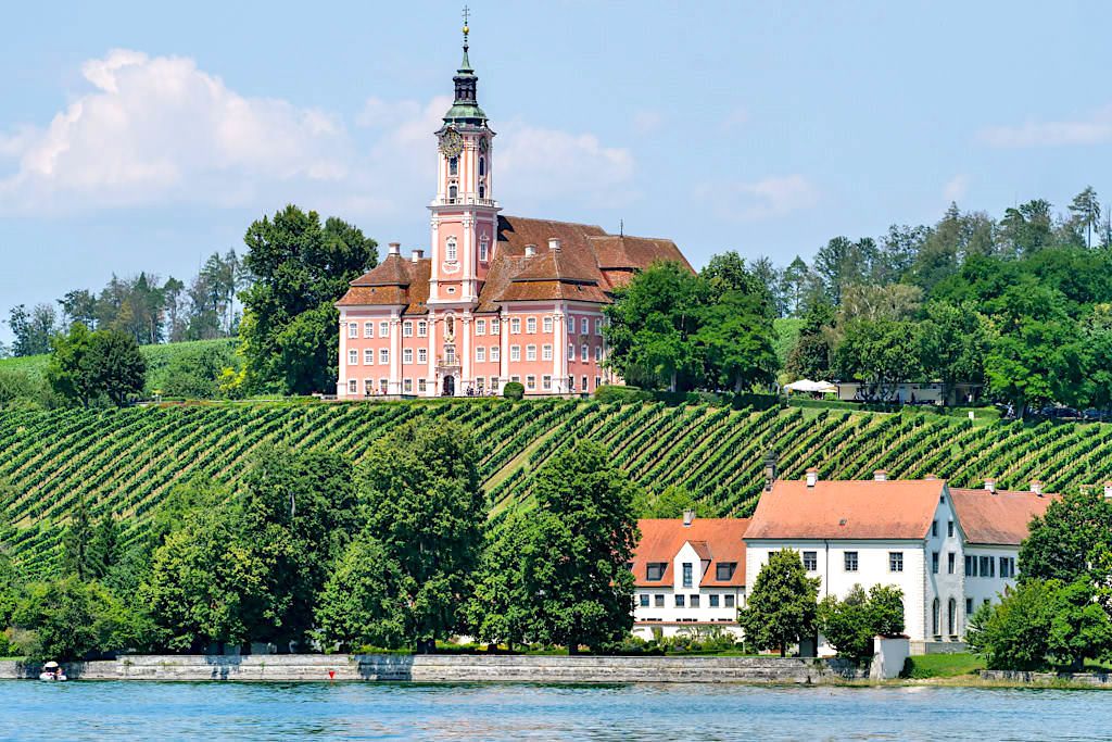 Klosterkirche Birnau mit Schloss Maurach - Panorama-Bodenseeschifffahrt - Baden-Württemberg