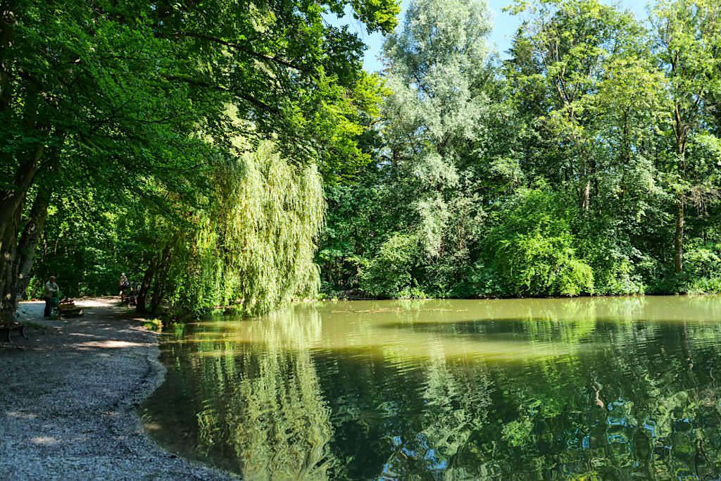 Der Uferbereich am Schwammerlweiher lädt zum Relaxen & Seele baumeln ein - Englischer Garten von seiner schönsten Seite - München, Bayern
