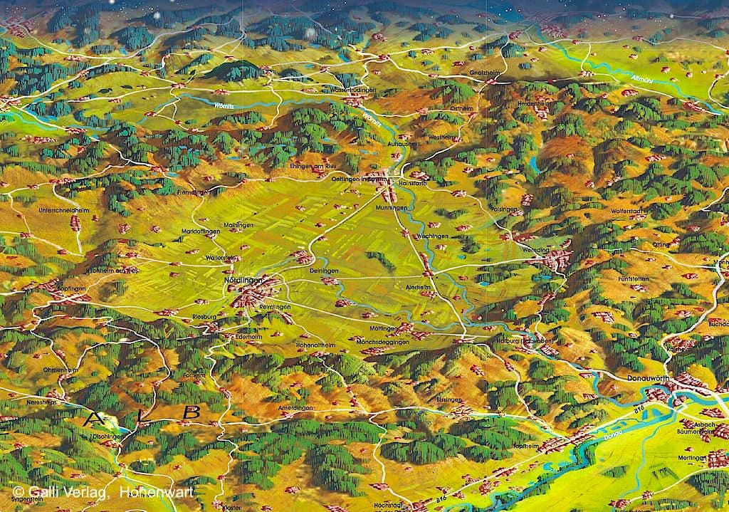 Rieskrater, Innerer Ring & Äußerer Ring als 3D Karte - Donau-Ries, Bayern