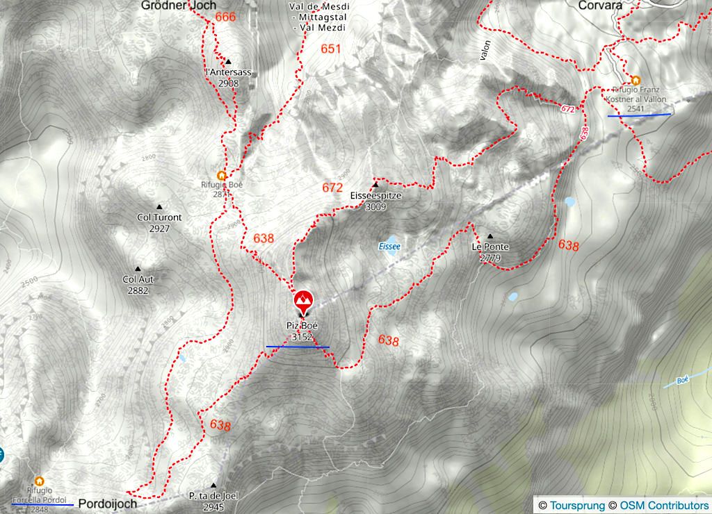 Karte Piz Boe Wanderungen: Pordoijoch, Grödner Joch, Corvara - Sella-Gruppe - Dolomiten