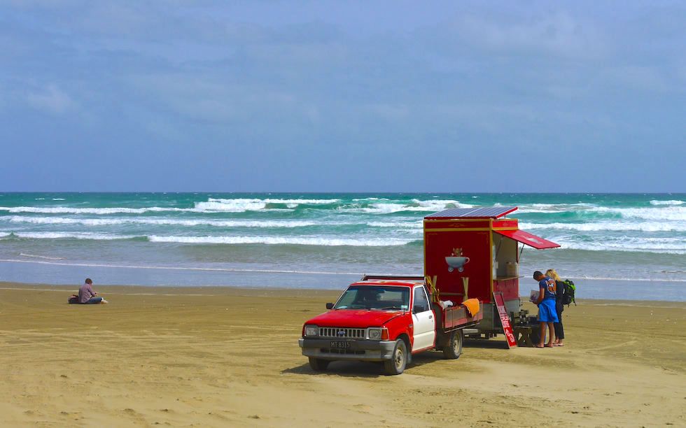Coffee to go at Ninety Mile Beach North Island NZ